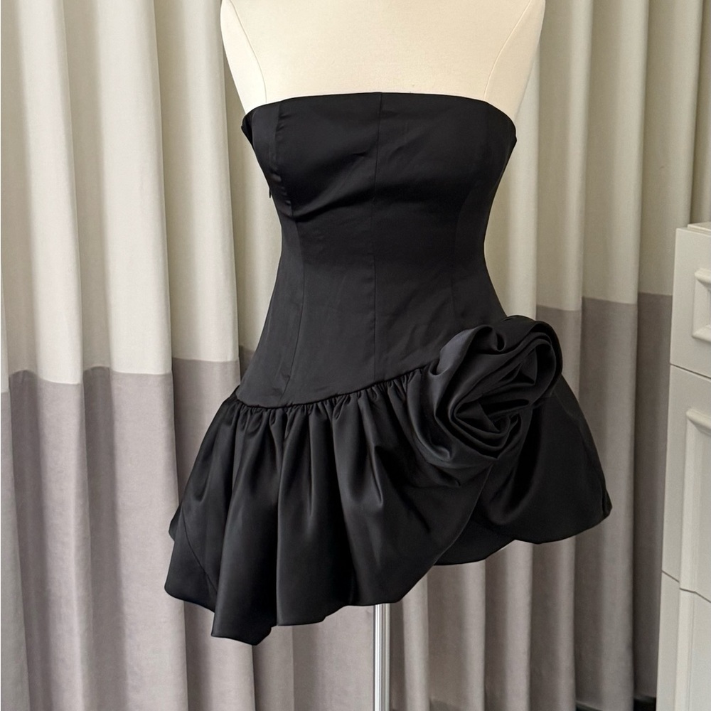 Black satin rosette mini dress